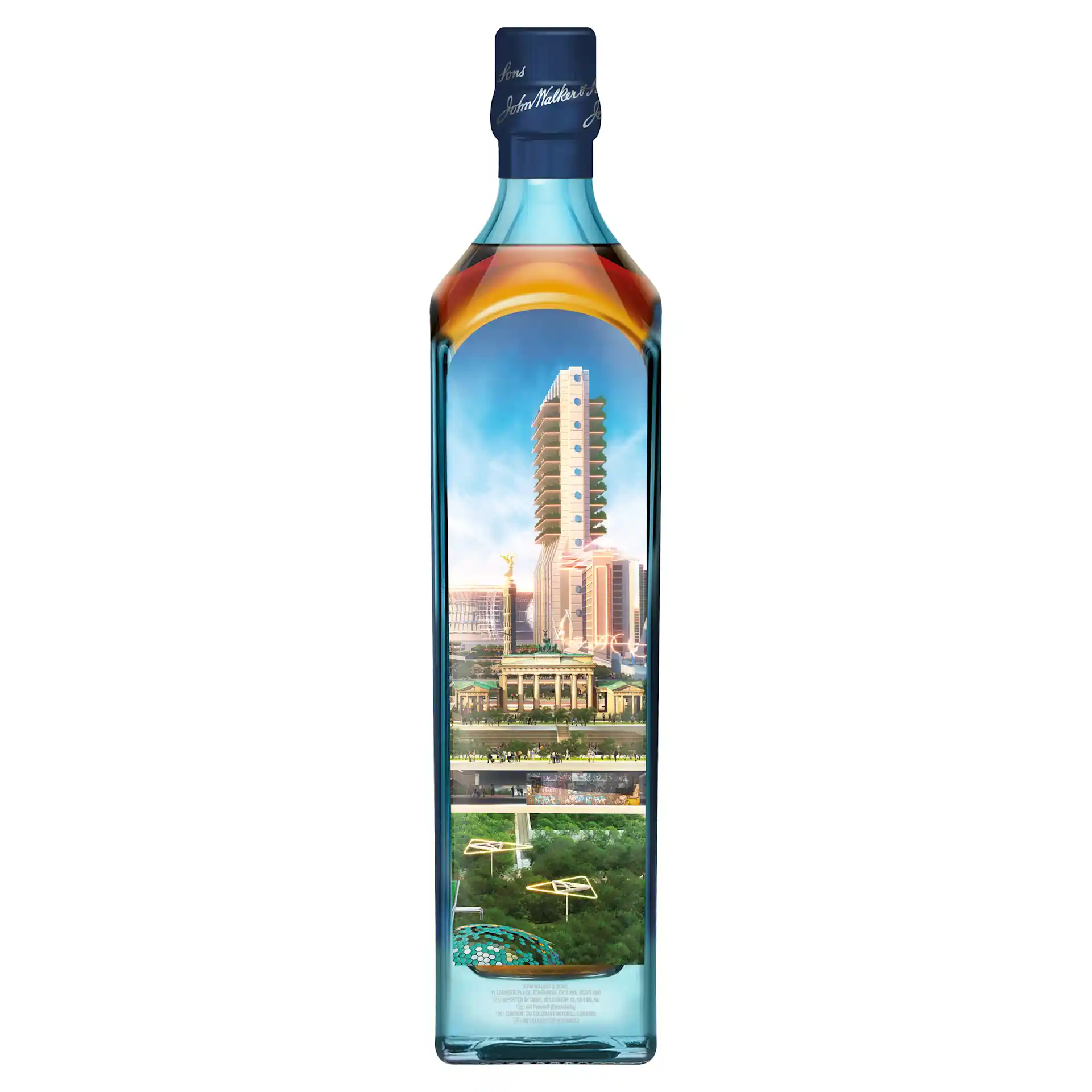 A bottle of Johnnie Walker Blue Label with a futuristic Berlin 2220 design.