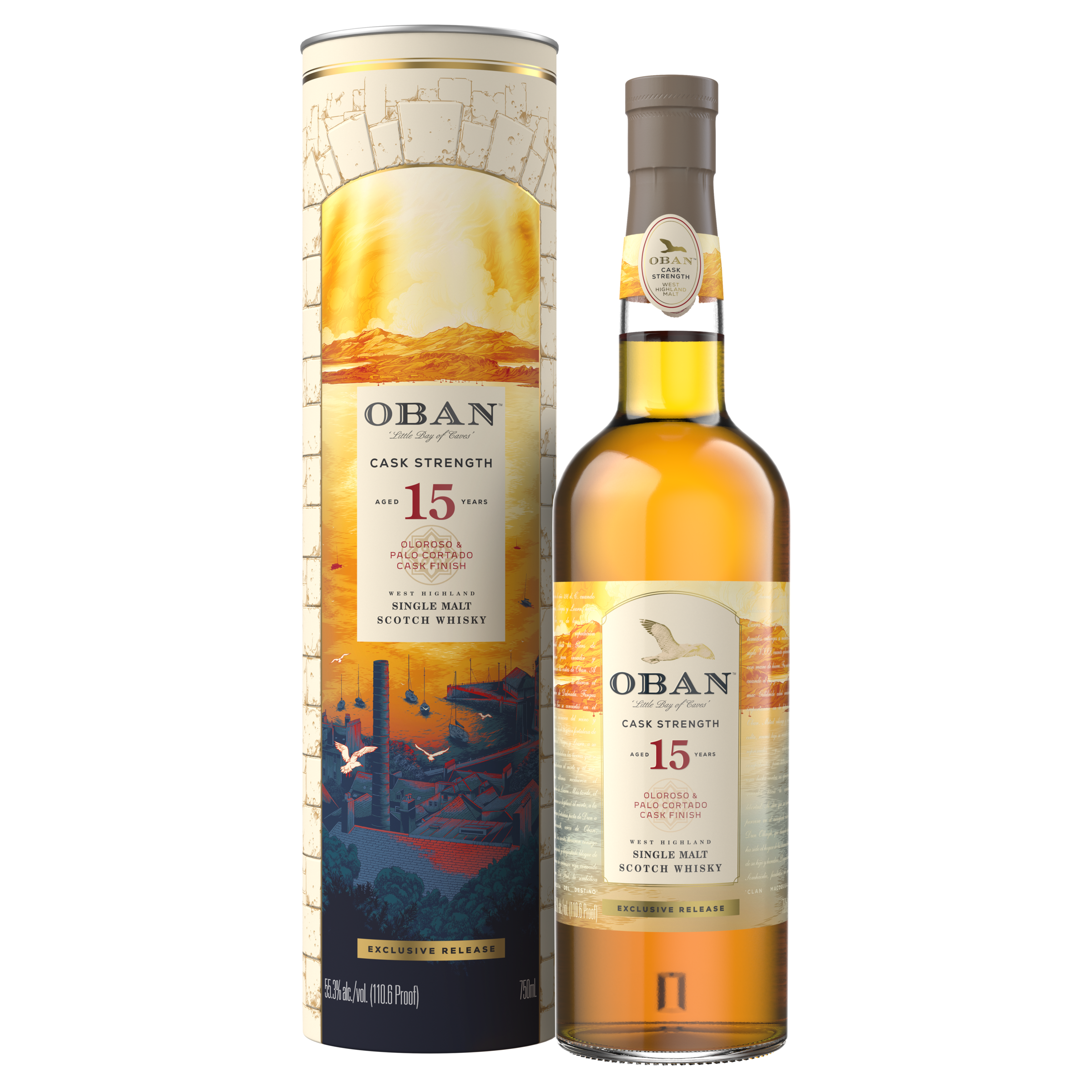 The bottle and box of Oban 15 Year Old Cask Strength Single Malt Scotch Whisky, 750 ml