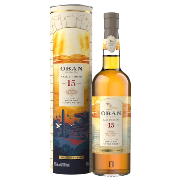 The bottle and box of Oban 15 Year Old Cask Strength Single Malt Scotch Whisky, 750 ml