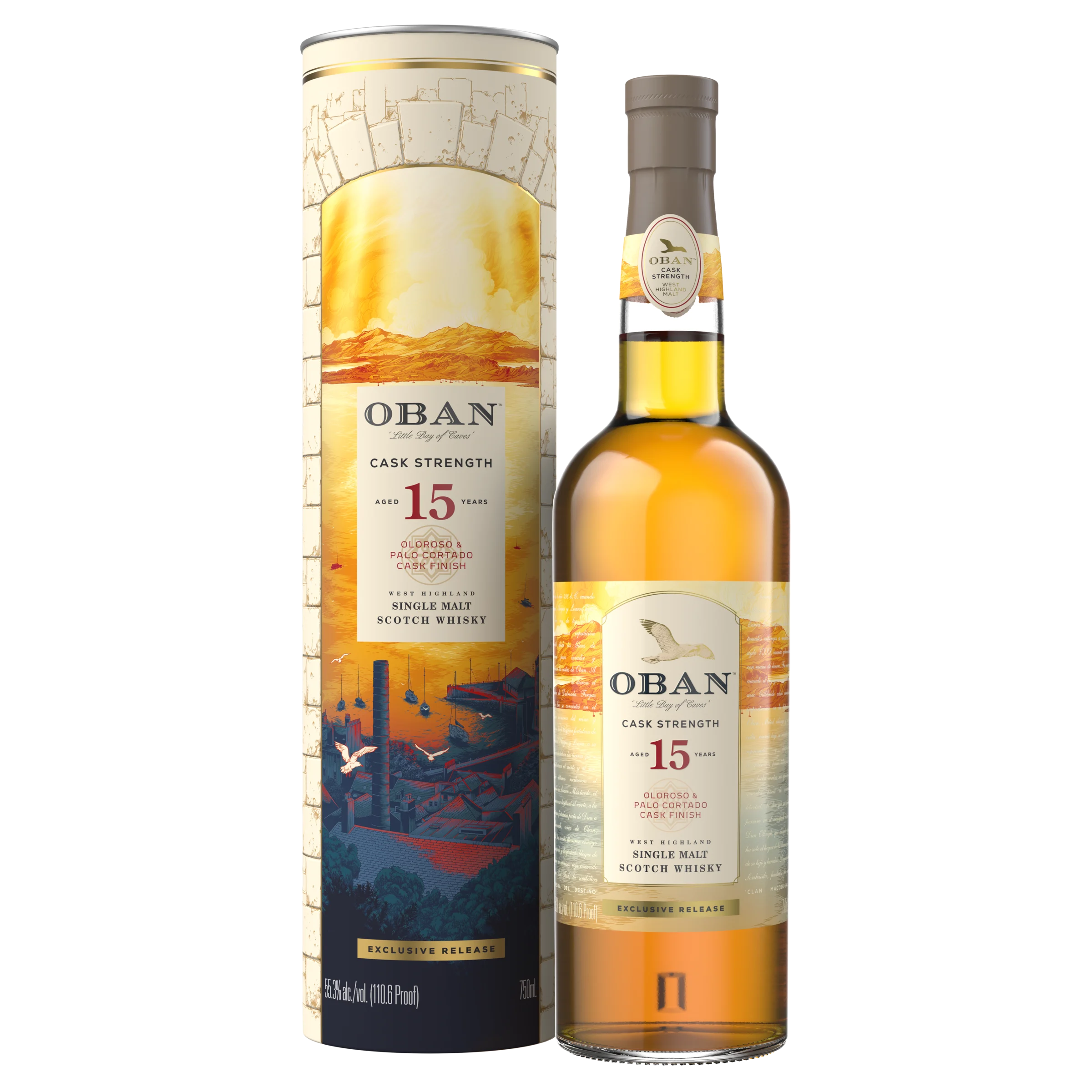 The bottle and box of Oban 15 Year Old Cask Strength Single Malt Scotch Whisky, 750 ml