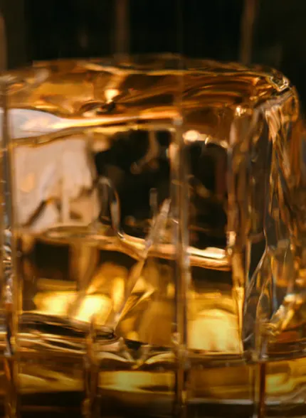 Close-up of a glass of whiskey with a large ice cube showcasing golden hues