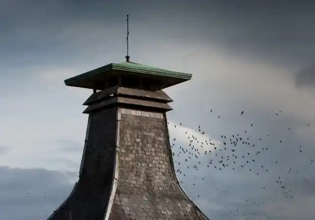 Een schoorsteen in pagodestijl staat tegen een blauwe lucht met witte wolken, met een zwerm vogels erachter.