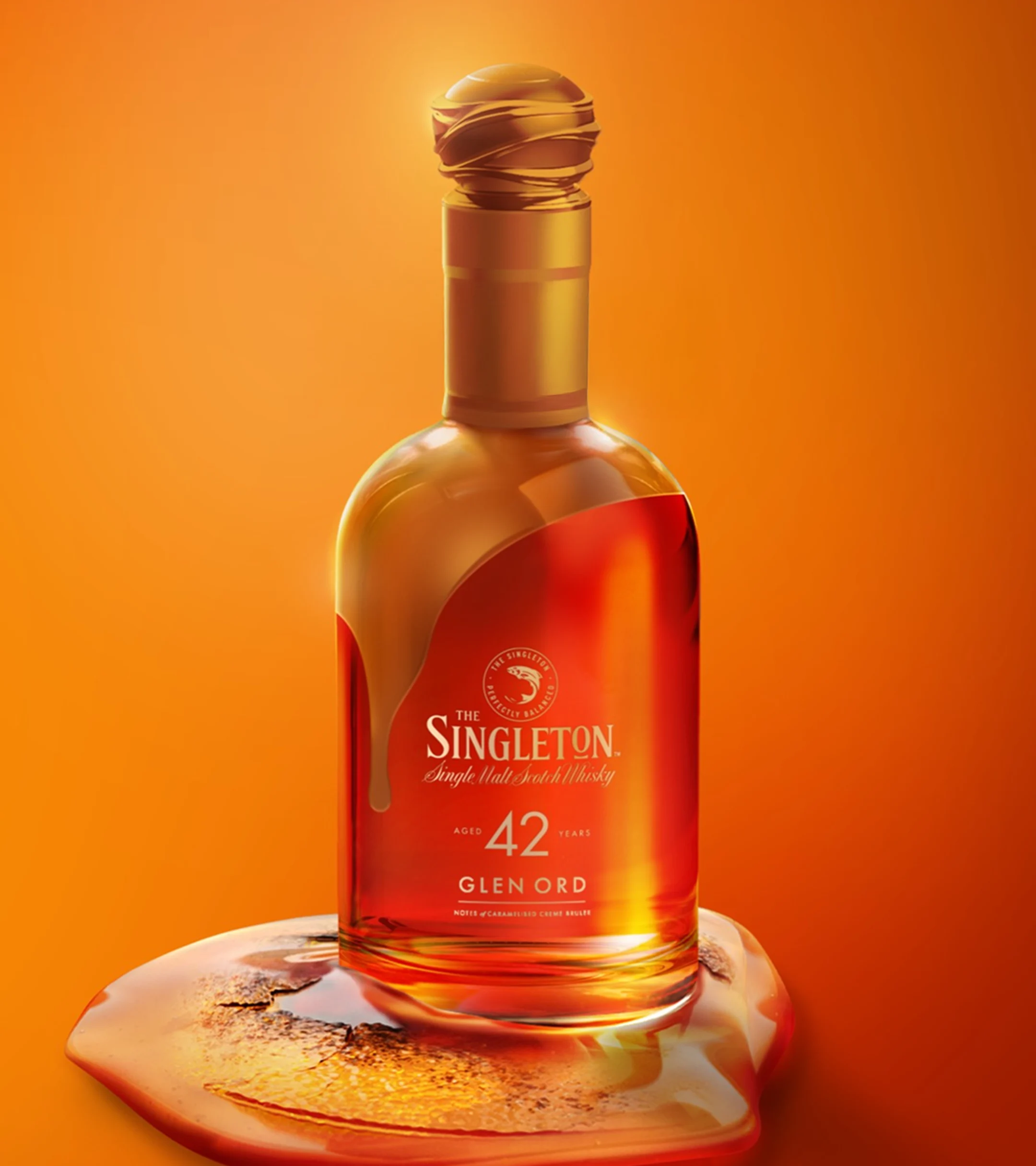 Singleton 42-Year-Old Glen Ord bottle with caramelized crème brûlée-inspired design on an orange background.