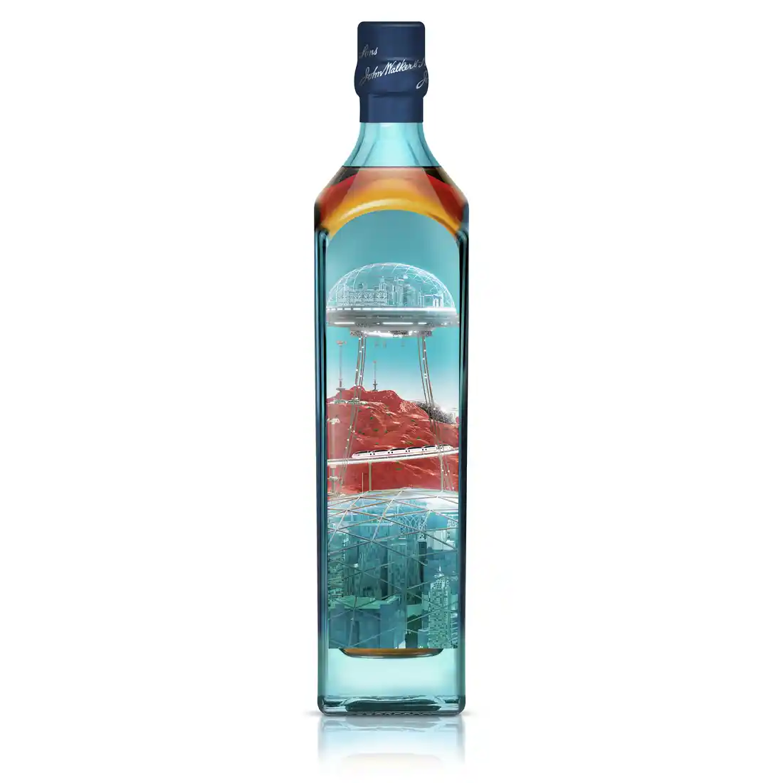 A bottle of Johnnie Walker Blue Label with a futuristic City X Mars design.