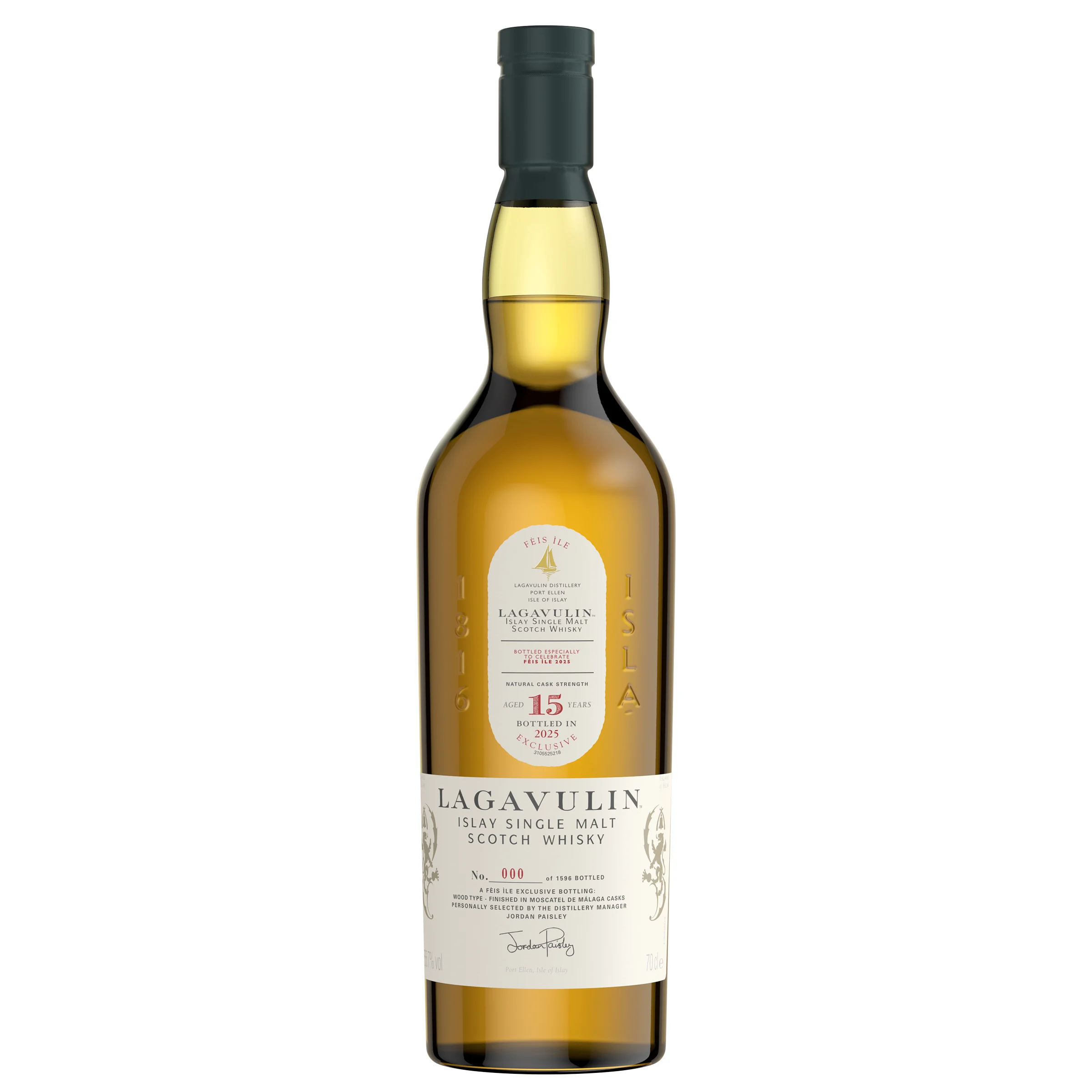 Lagavulin 15 Year Old Fèis Ìle 2025 Edition Flasche vor einem schlichten weißen Hintergrund.