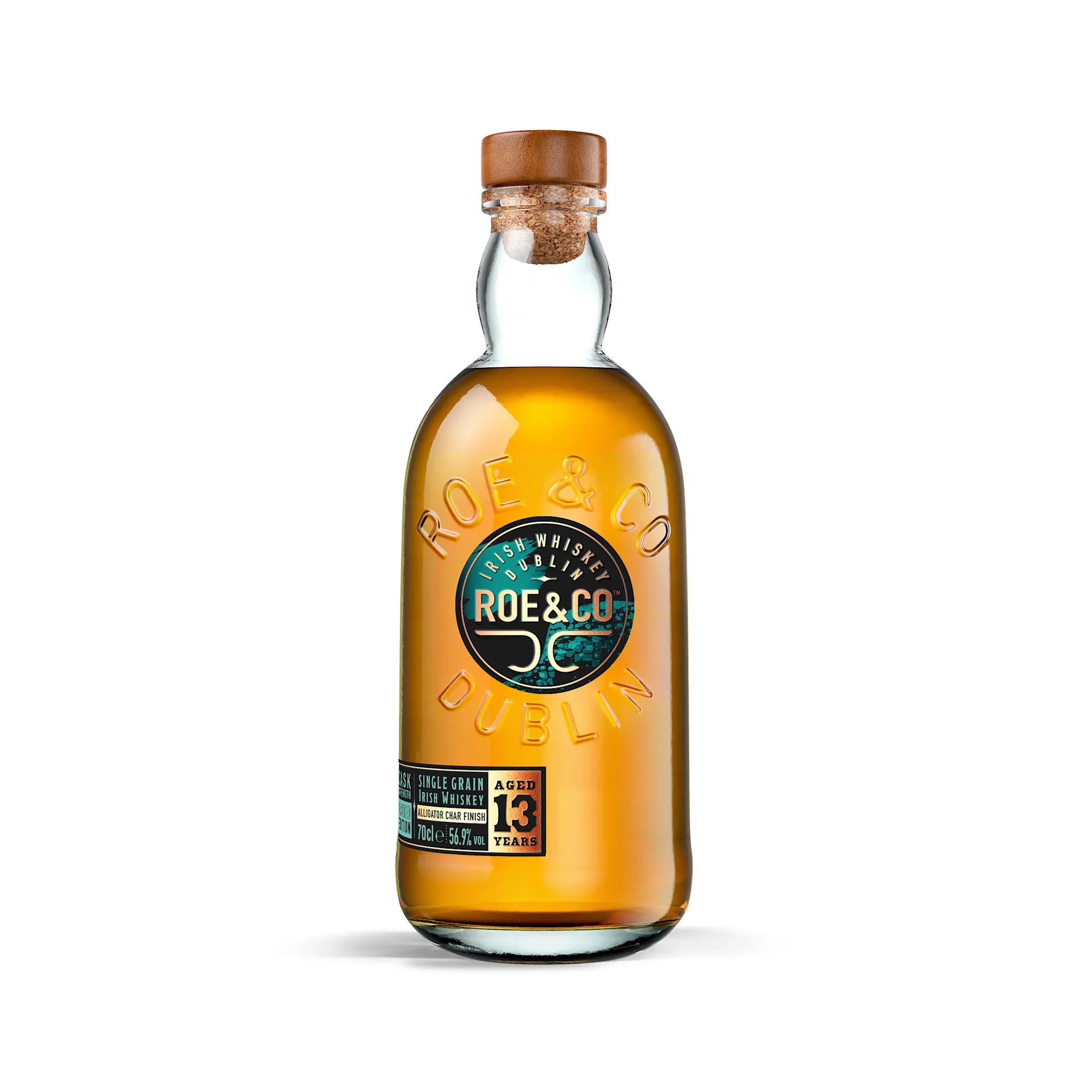 Bottle of Roe & Co 13-Year-Old Cask Strength Irish Whiskey with embossed glass details and a cork stopper, photographed against a white background.