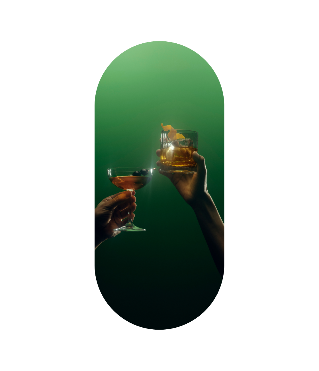 Two hands holding Lagavulin cocktails toasting each other in green-tinted lighting