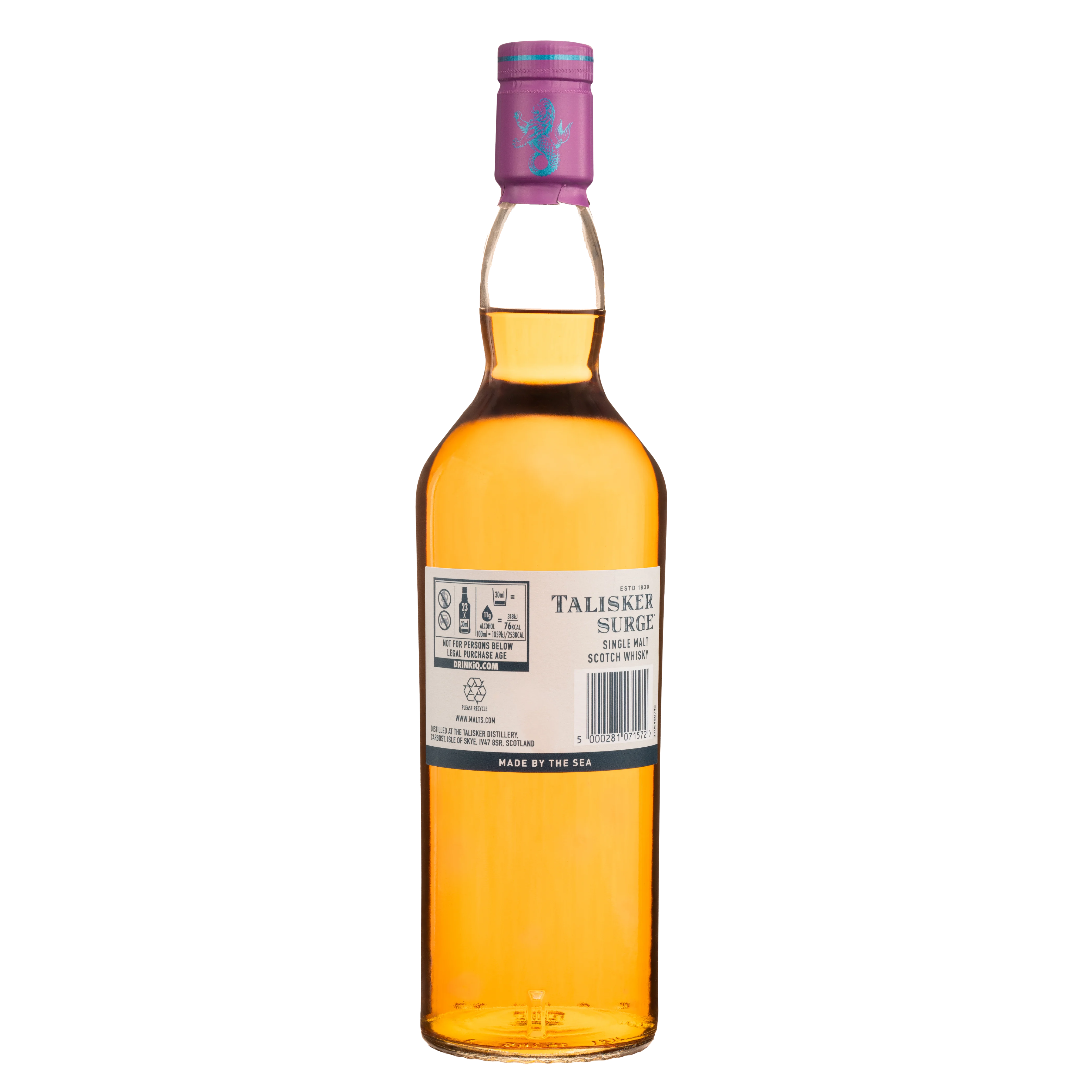 Die Rückseite einer Flasche Talisker Surge Single Malt Scotch Whisky