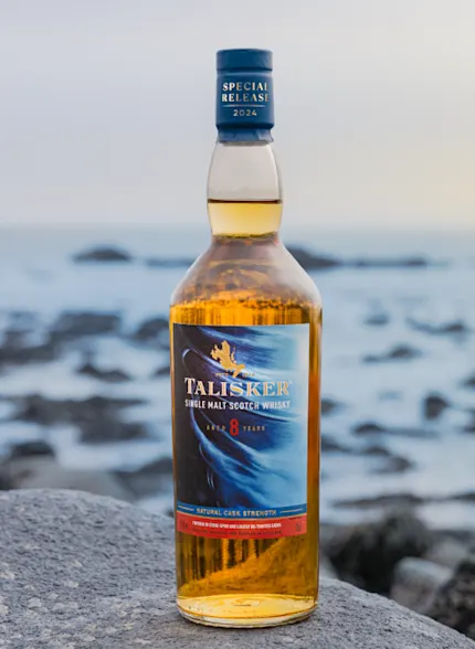 Talisker Tidal Churn Single Malt Whisky 70cl fles zittend op een rots met een achtergrond van een stille zee