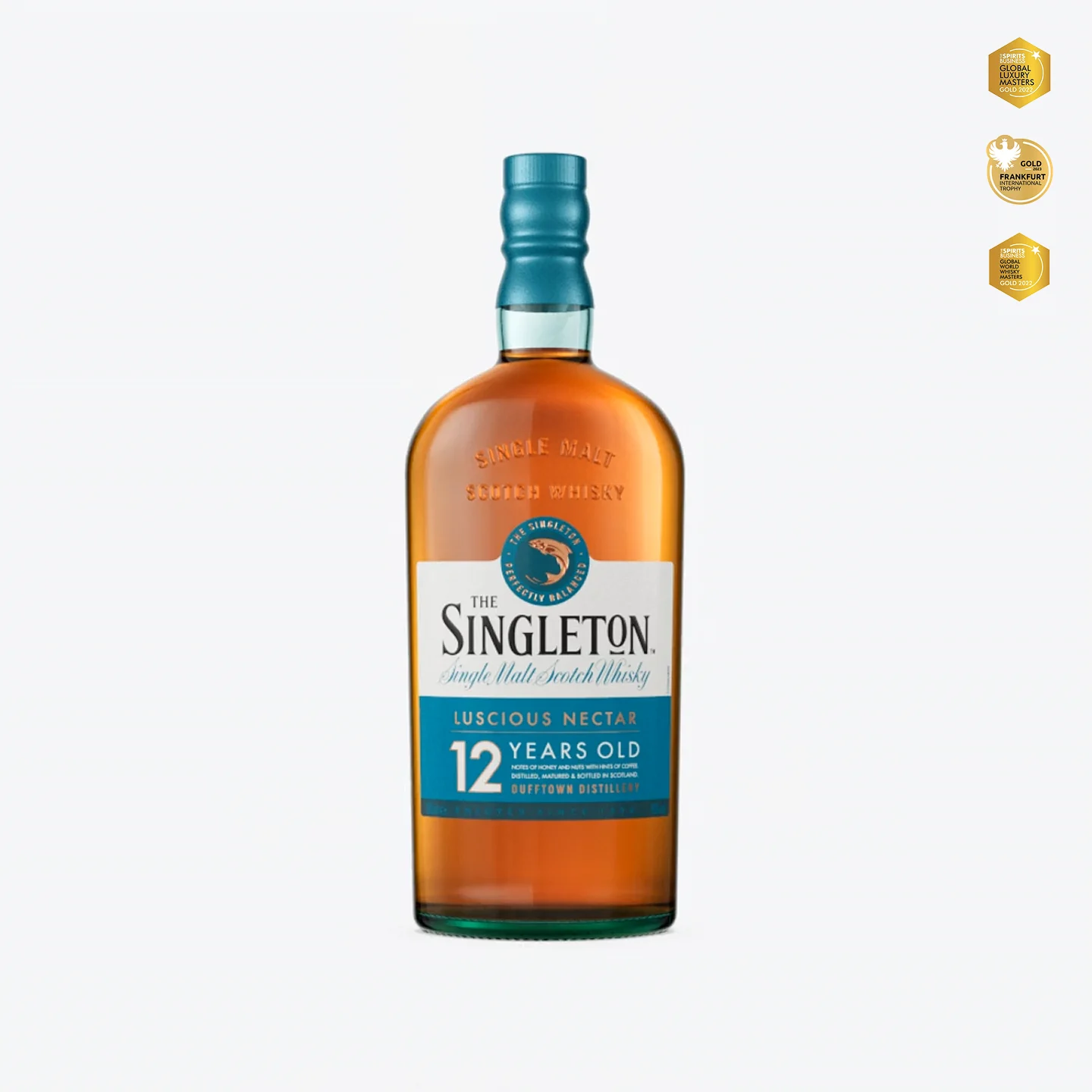 The Singleton of Dufftown 12 Year Old bottle with award badges for Global Luxury Masters and Frankfurt International Trophy