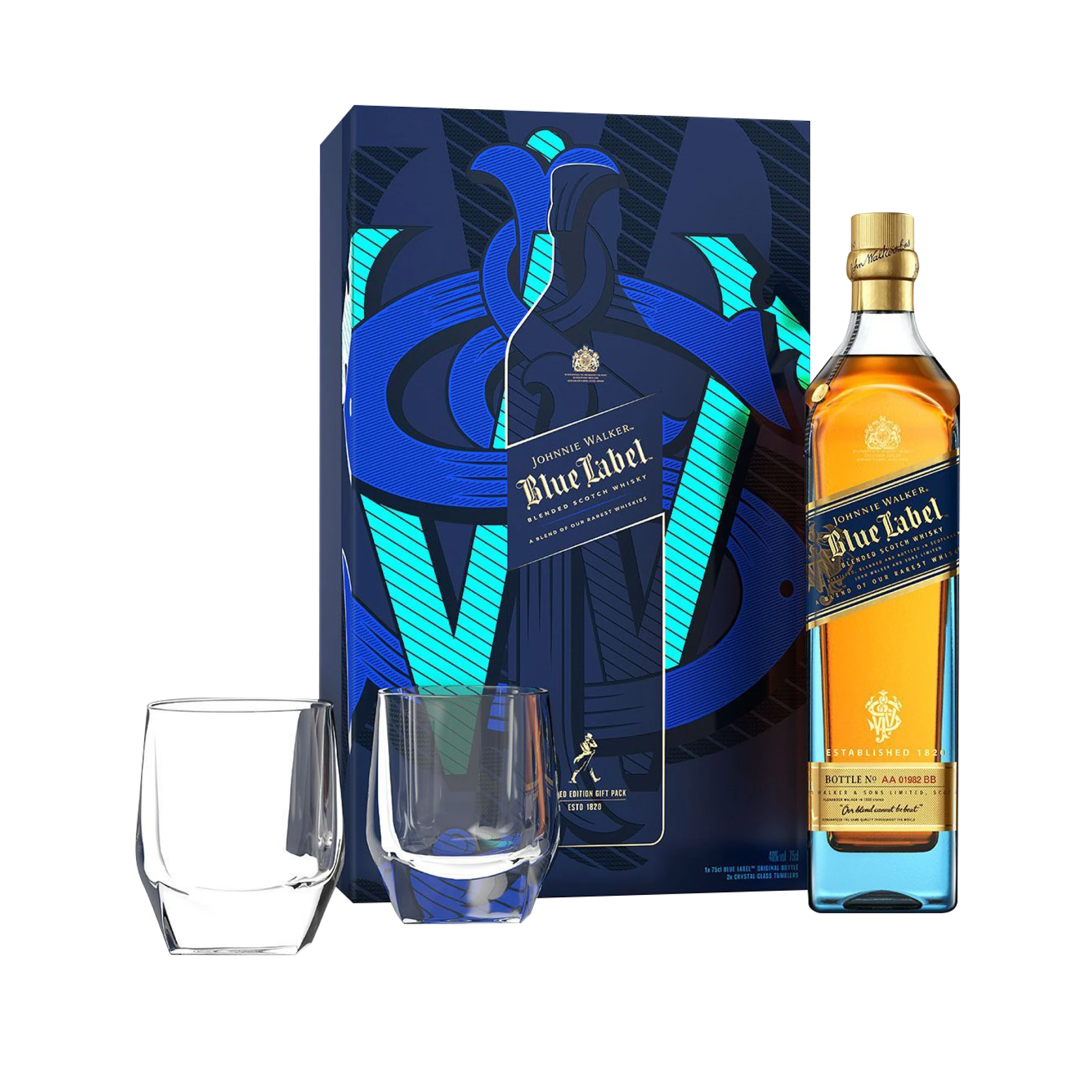 2022 Edition - Johnnie Walker Blue Label Blended Scotch Whisky 70cl Giftpack with 2 Crystal Glasses