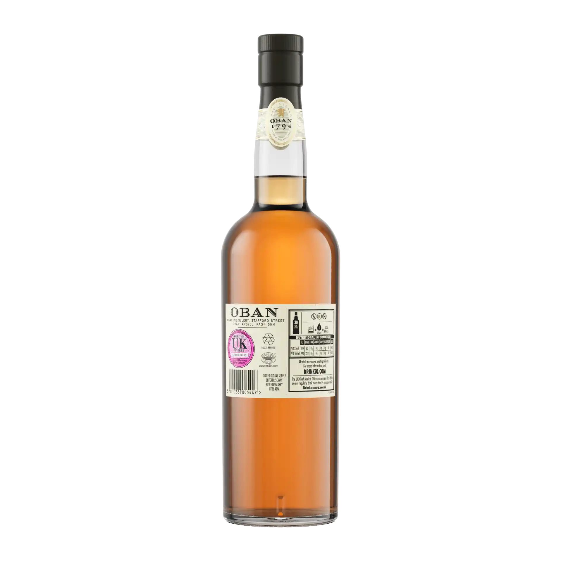 Oban 14 Year Old Single Malt Scotch Whisky, 70cl - Back of Bottle