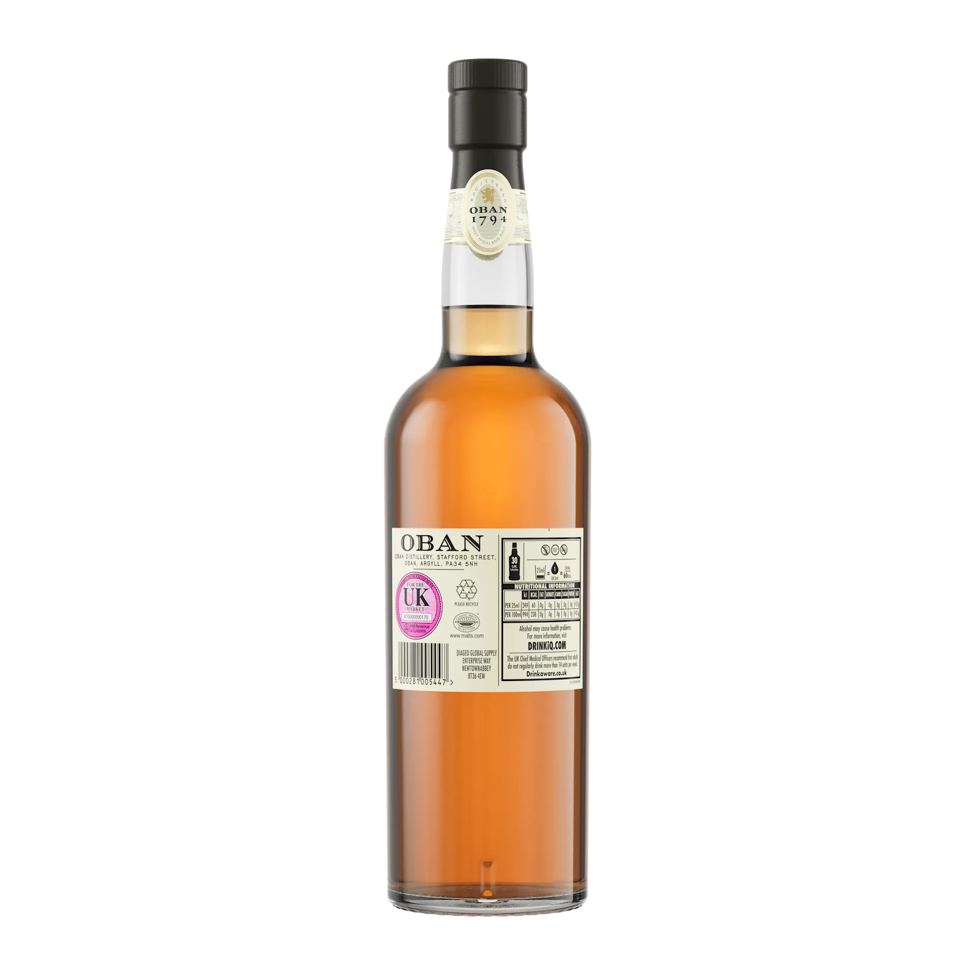 Oban 14 Year Old Single Malt Scotch Whisky, 70cl - Back of Bottle