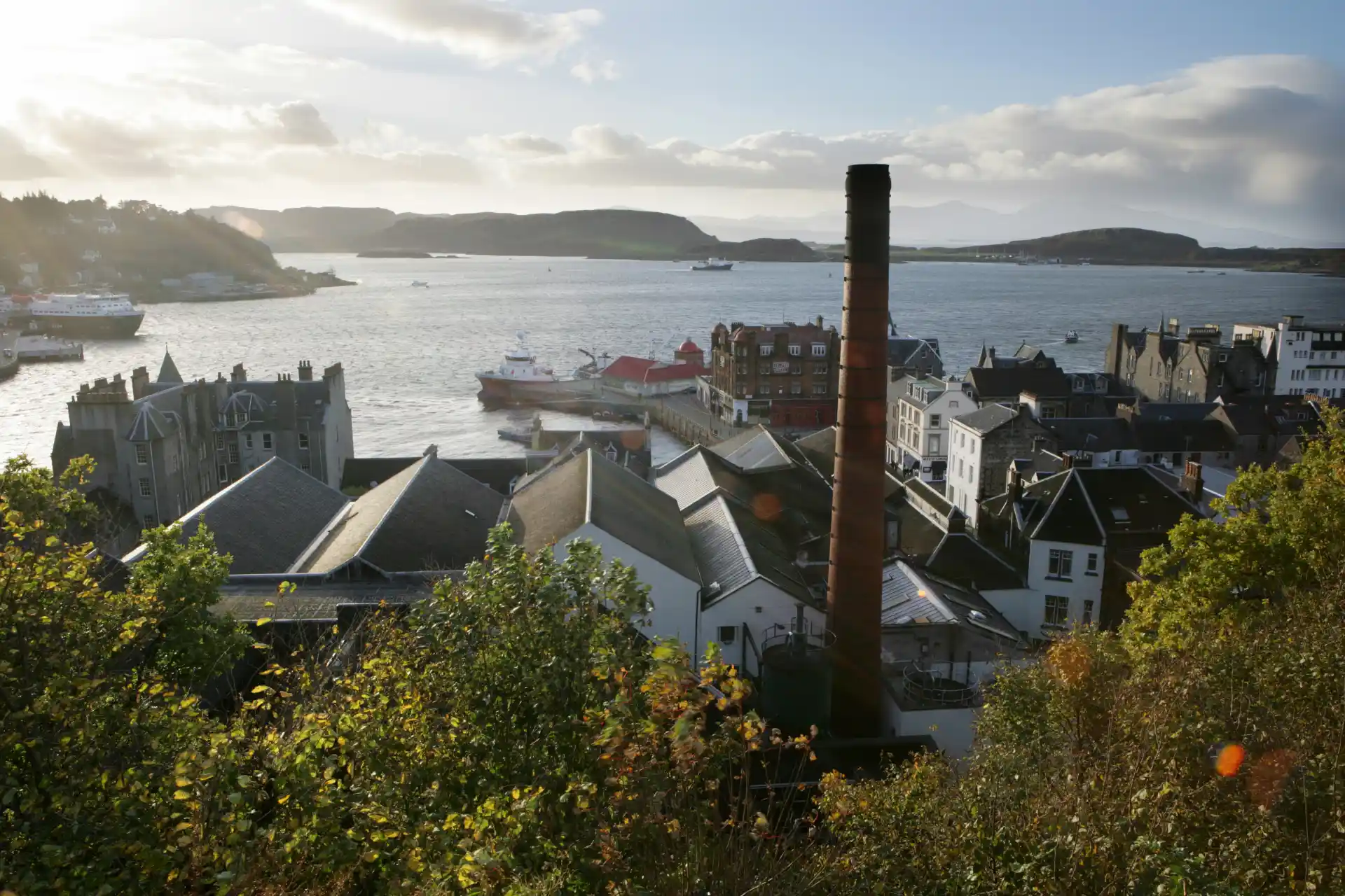 A view of Oban distillery from above, showing the foliage and buildings surrounding the distillery. The distillery overlooks a calm body of water with hills beyond the water. The sky is blue with white clouds.