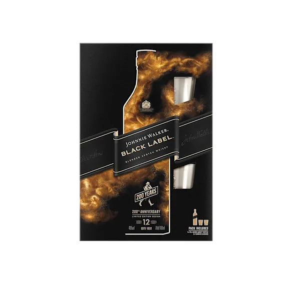 Johnnie Walker Black Label Blended Scotch Whisky Gift Pack with 2 Glasses, 70cl