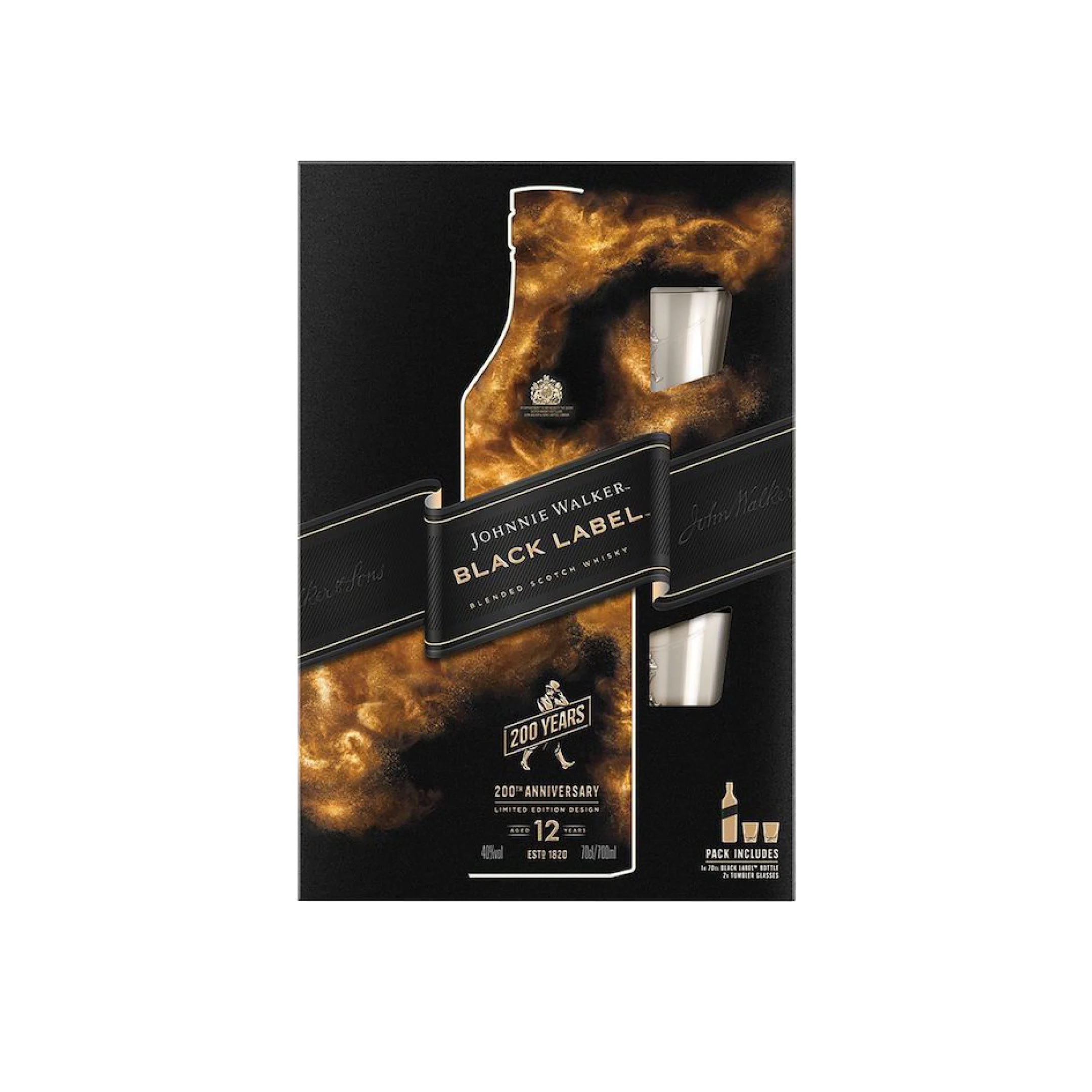 Johnnie Walker Black Label Blended Scotch Whisky Gift Pack with 2 Glasses, 70cl