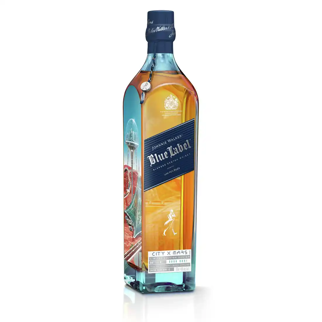 A bottle of Johnnie Walker Blue Label with a futuristic City X Mars design.