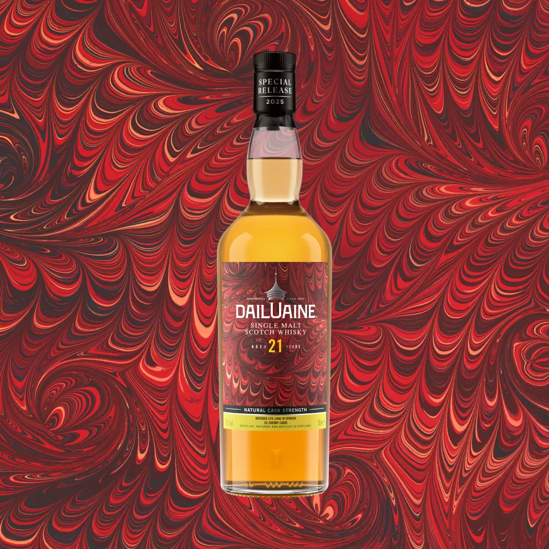 Clynelish Waxen Sun 18 Year Old Scotch Whisky bottle with marble background