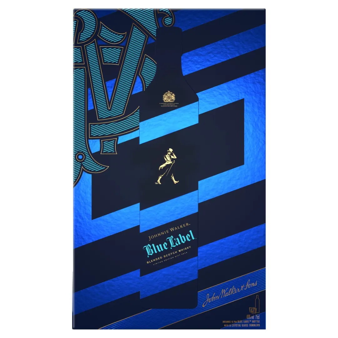  A giftpack of Johnnie Walker Blue Label comes with 2 x Crystal Glasses