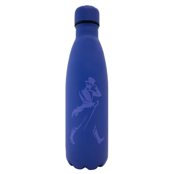 Blaue Johnnie Walker Wasserflasche mit Striding Man Logo.