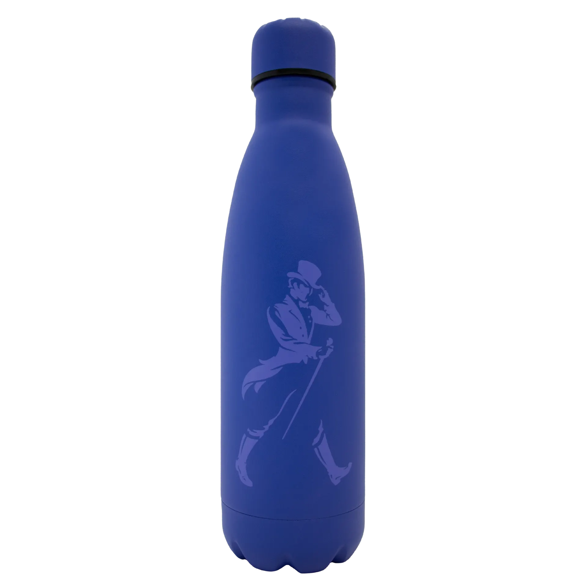 Blaue Johnnie Walker Wasserflasche mit Striding Man Logo.
