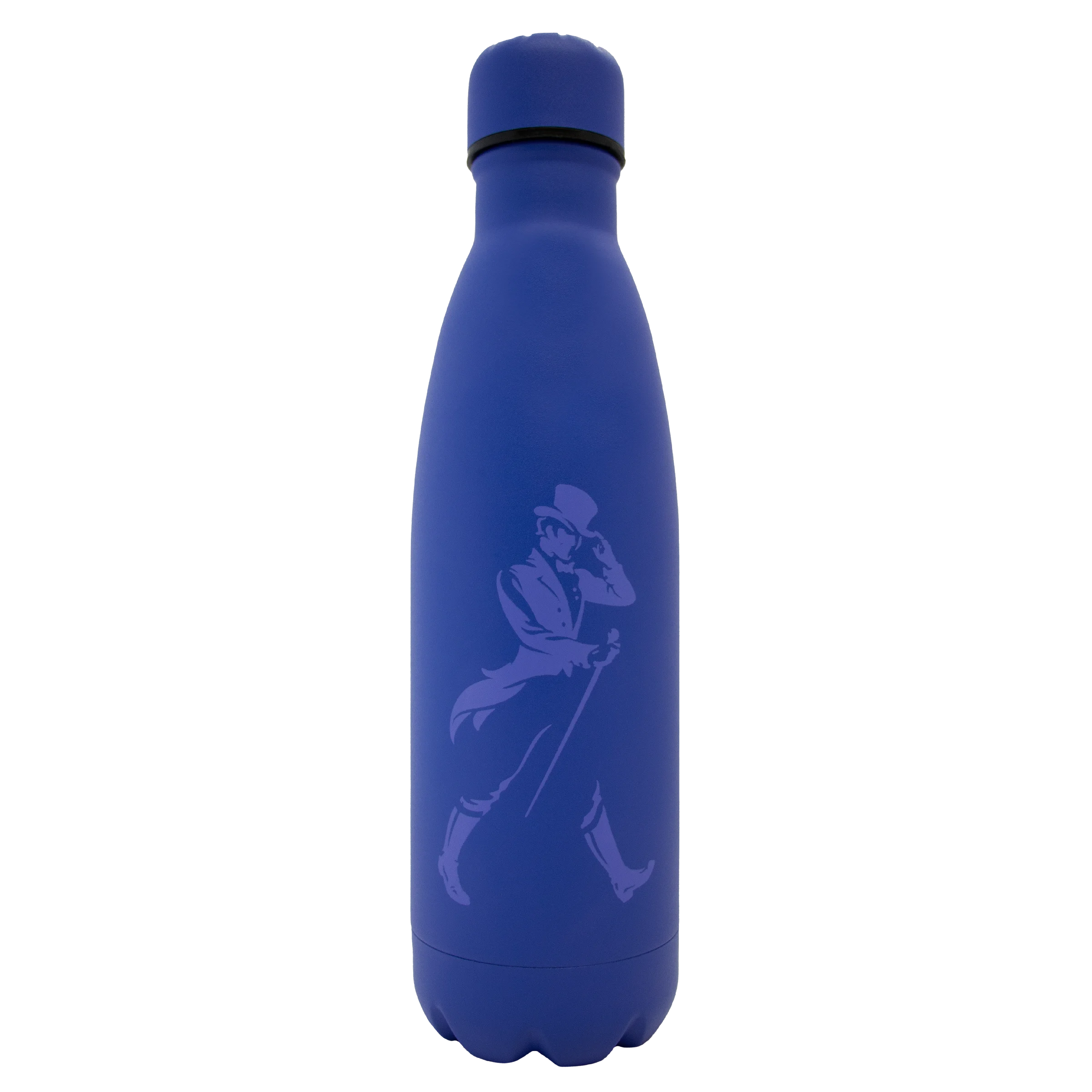 Blaue Johnnie Walker Wasserflasche mit Striding Man Logo.