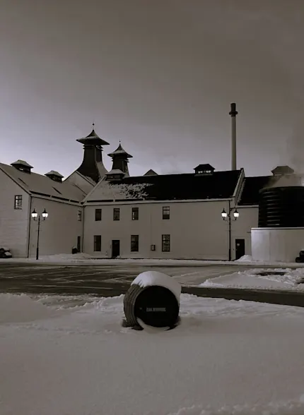 De witte gebouwen van de Dalwhinnie distilleerderij zijn van een afstand te zien, zittend in de sneeuw. Achter de distilleerderij ligt een bergketen met groene bomen en een besneeuwde top.