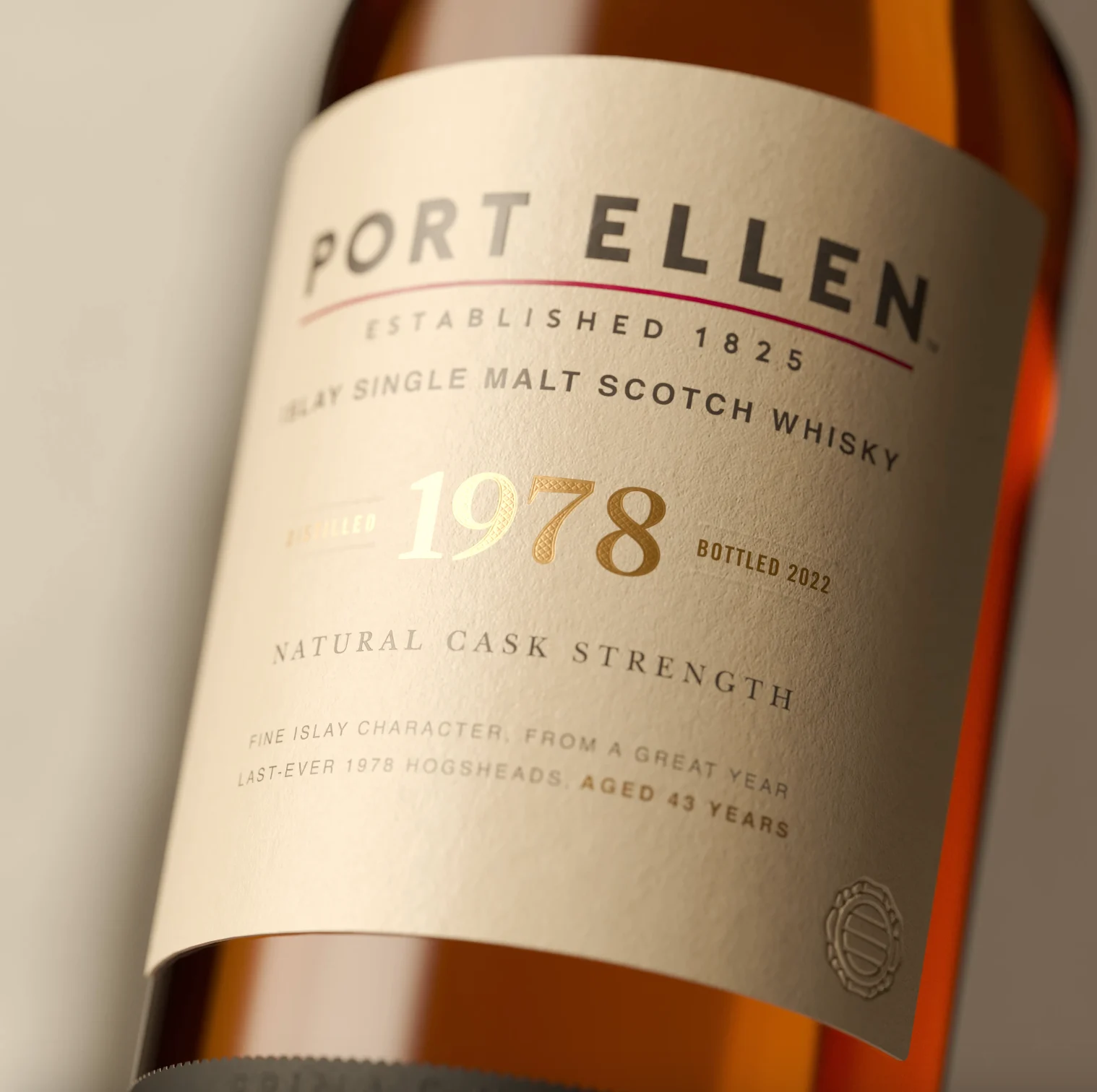 Close up of Port Ellen 1978 bottle focusing on label 