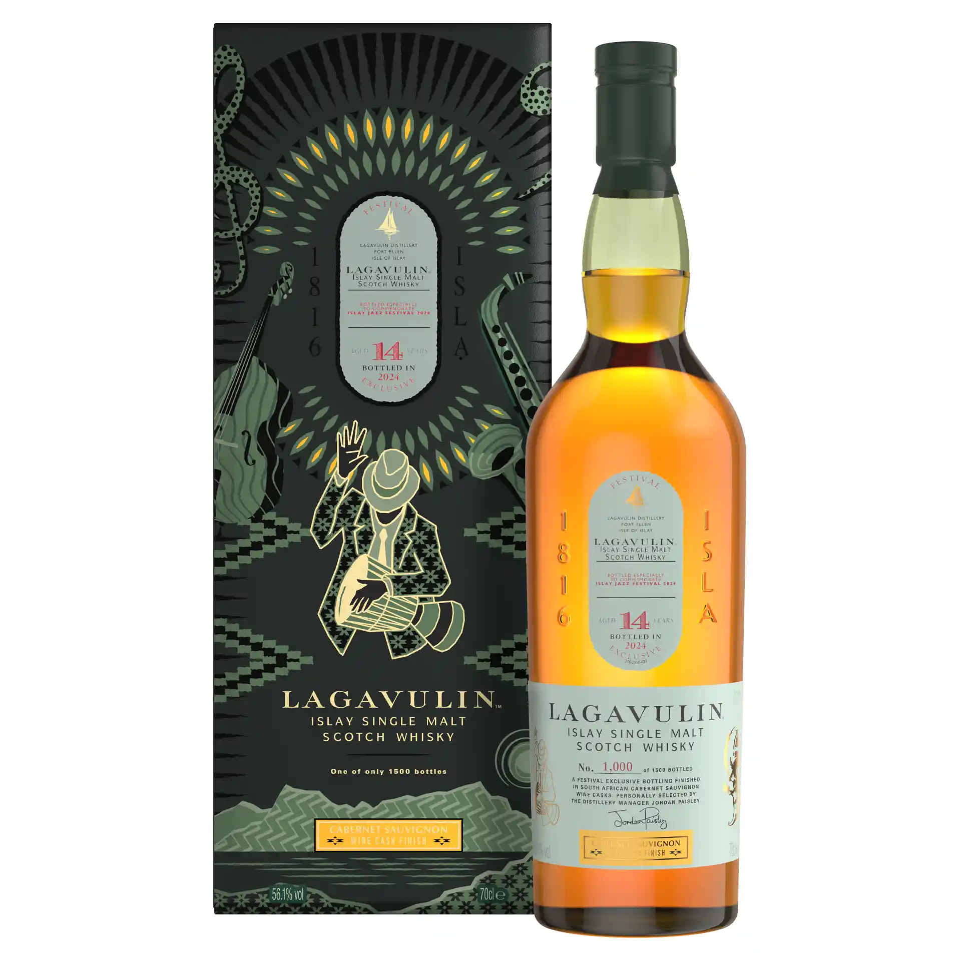 A bottle of Lagavulin 14-year-old Islay Single Malt Scotch Whisky, part of a limited release with only 1,500 bottles. The packaging features an illustration of a jazz musician playing drums, with Cabernet Sauvignon wine cask finish noted on the label.