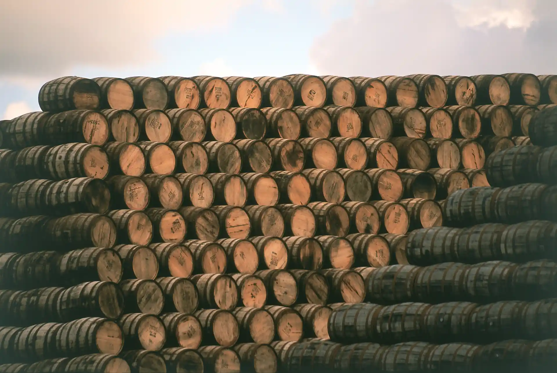 Hundreds of wooden whisky barrels are stacked on top of each other to form a large pile