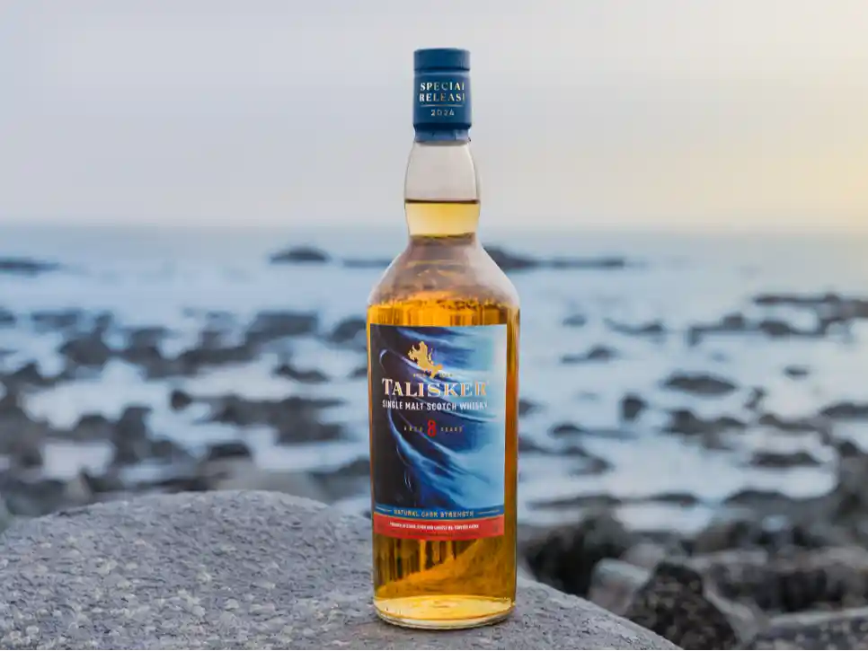 Talisker Tidal Churn Single Malt Whisky 70cl Flasche auf einem Felsen sitzend mit dem Hintergrund eines stillen Meeres