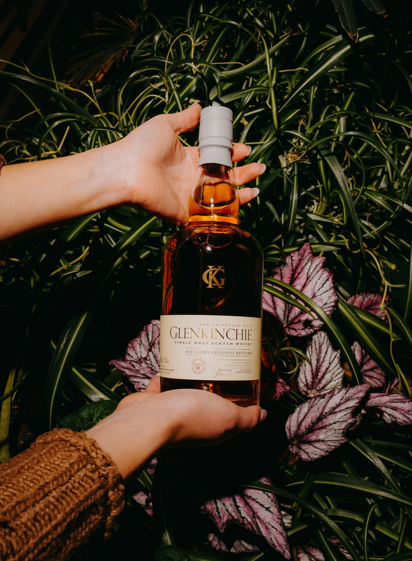 Handen houden een fles Glenkinchie-whisky vast boven een bedje van gras en planten.