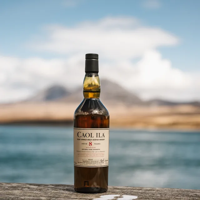 Discover more Caol Ila 8 Year Old Fèis Ìle 2025 Edition bottle standing on a wooden surface with the sea and distant hills in the background.