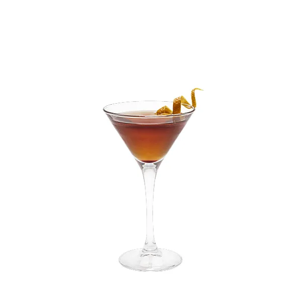 A brown cocktail in a martini glass with a spiral citrus peel twist garnish