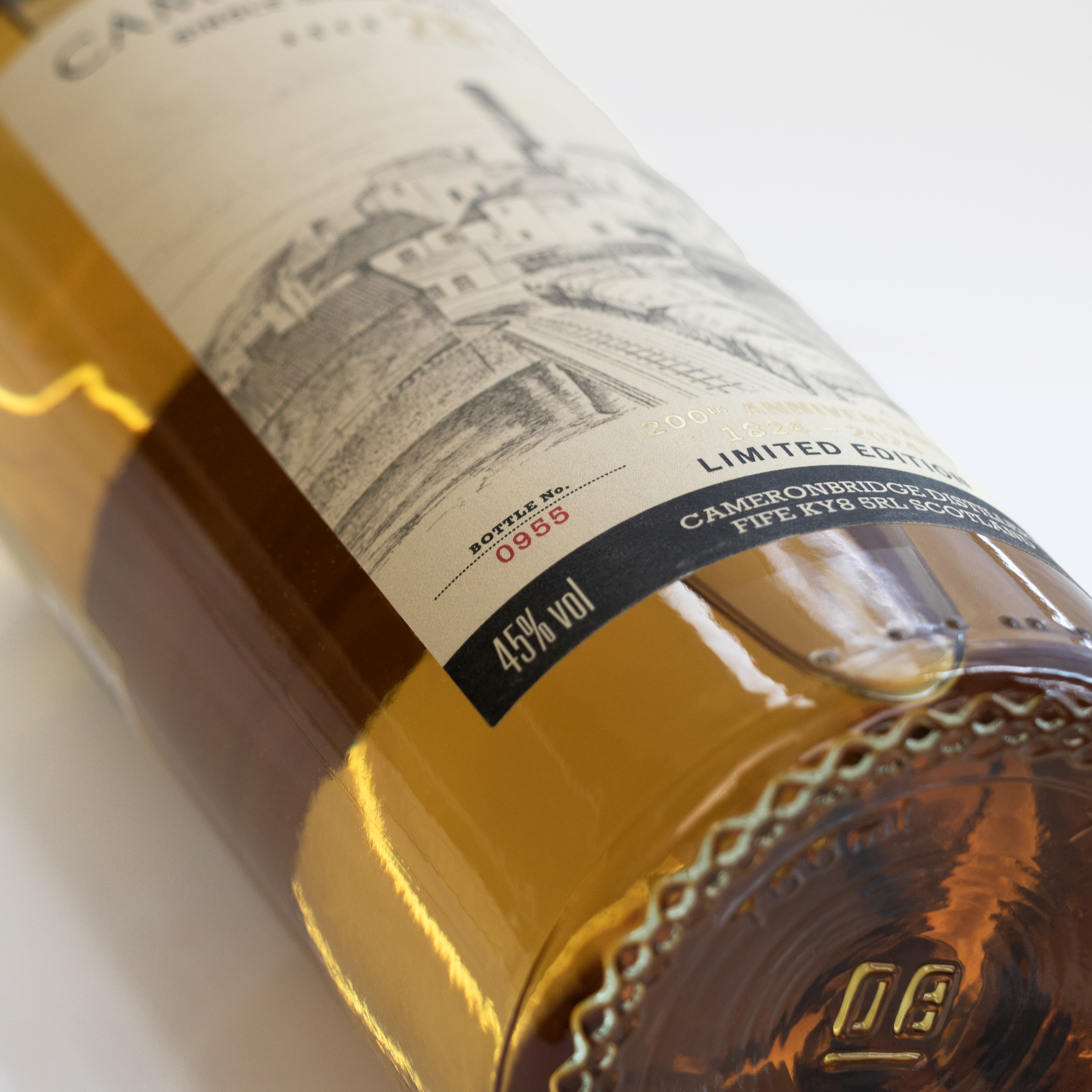 Cameronbridge 200th Anniversary Single Grain Scotch Whisky, 70cl, tilted to the side to show the bottle number.
