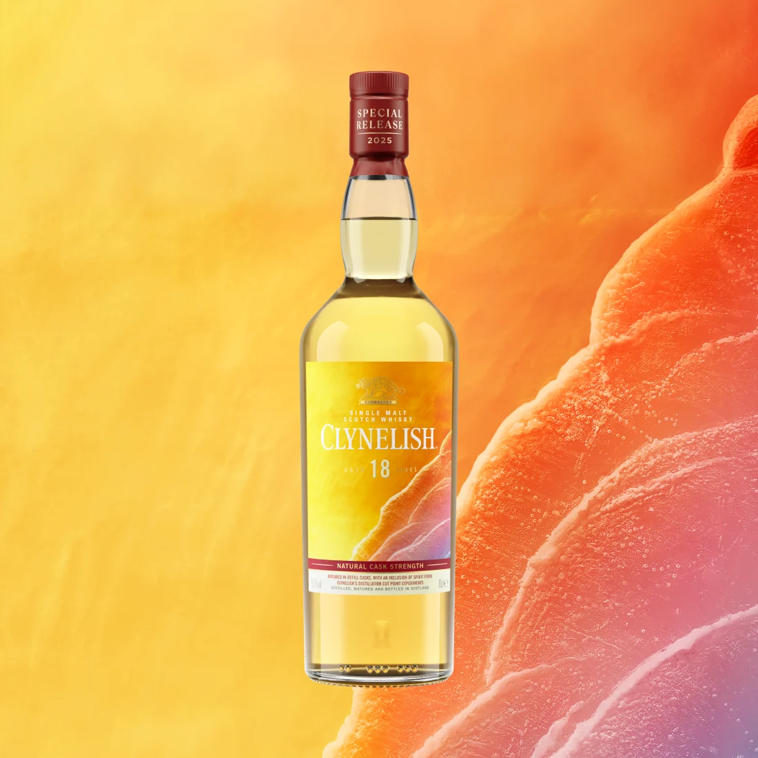 Clynelish Waxen Sun 18 Year Old Scotch Whisky bottle with wave background