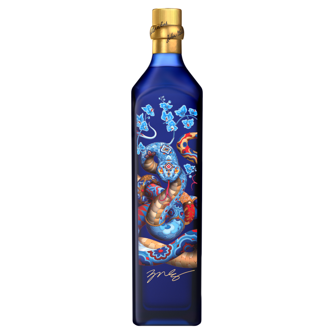 A close-up of the Johnnie Walker Blue Label bottle featuring James Jean's intricate artwork with floral and snake motifs.