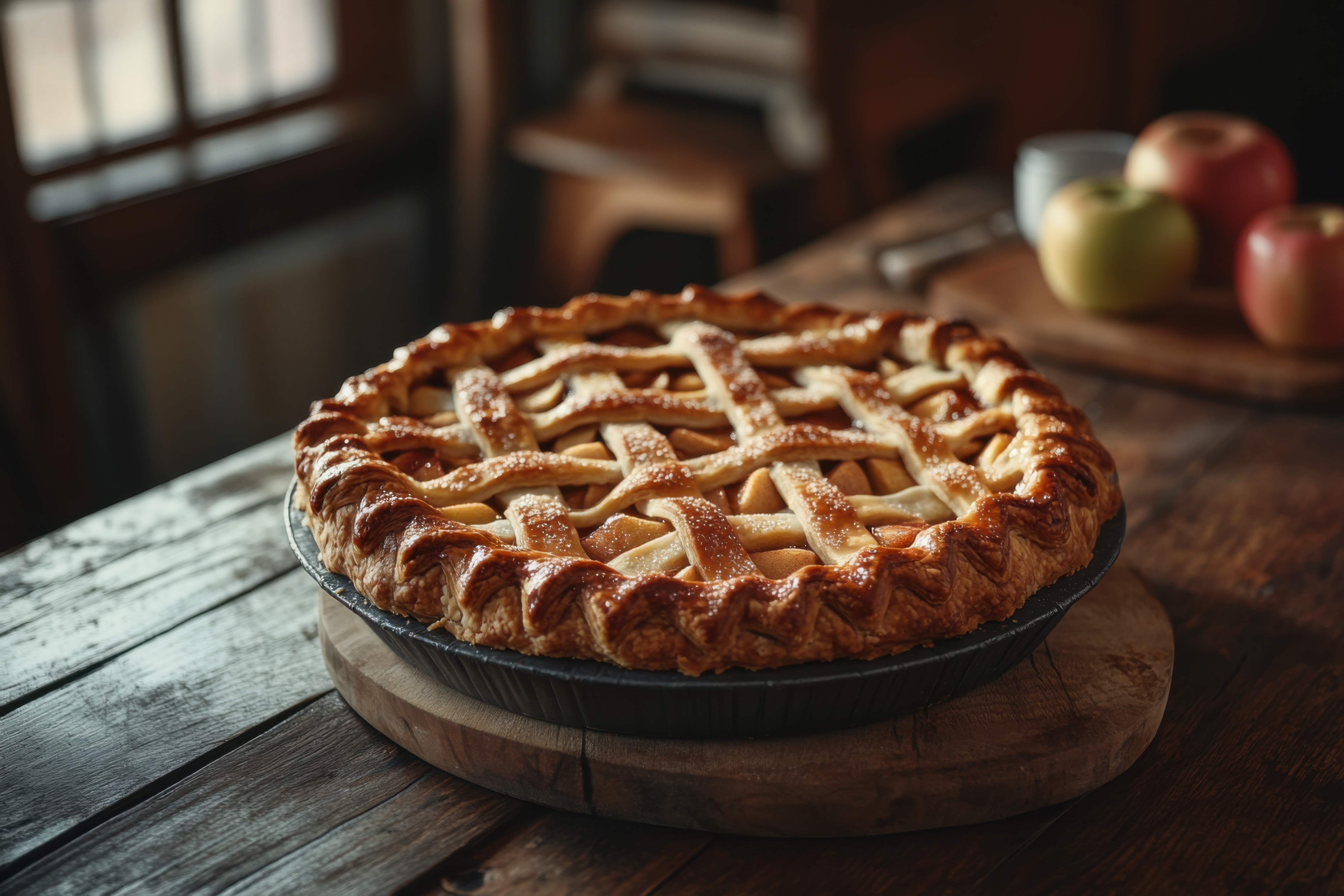 Ein frisch gebackener Kuchen mit einer Schüssel voller Äpfel im Hintergrund