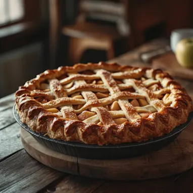 Een vers gebakken taart met een schaal appels op de achtergrond