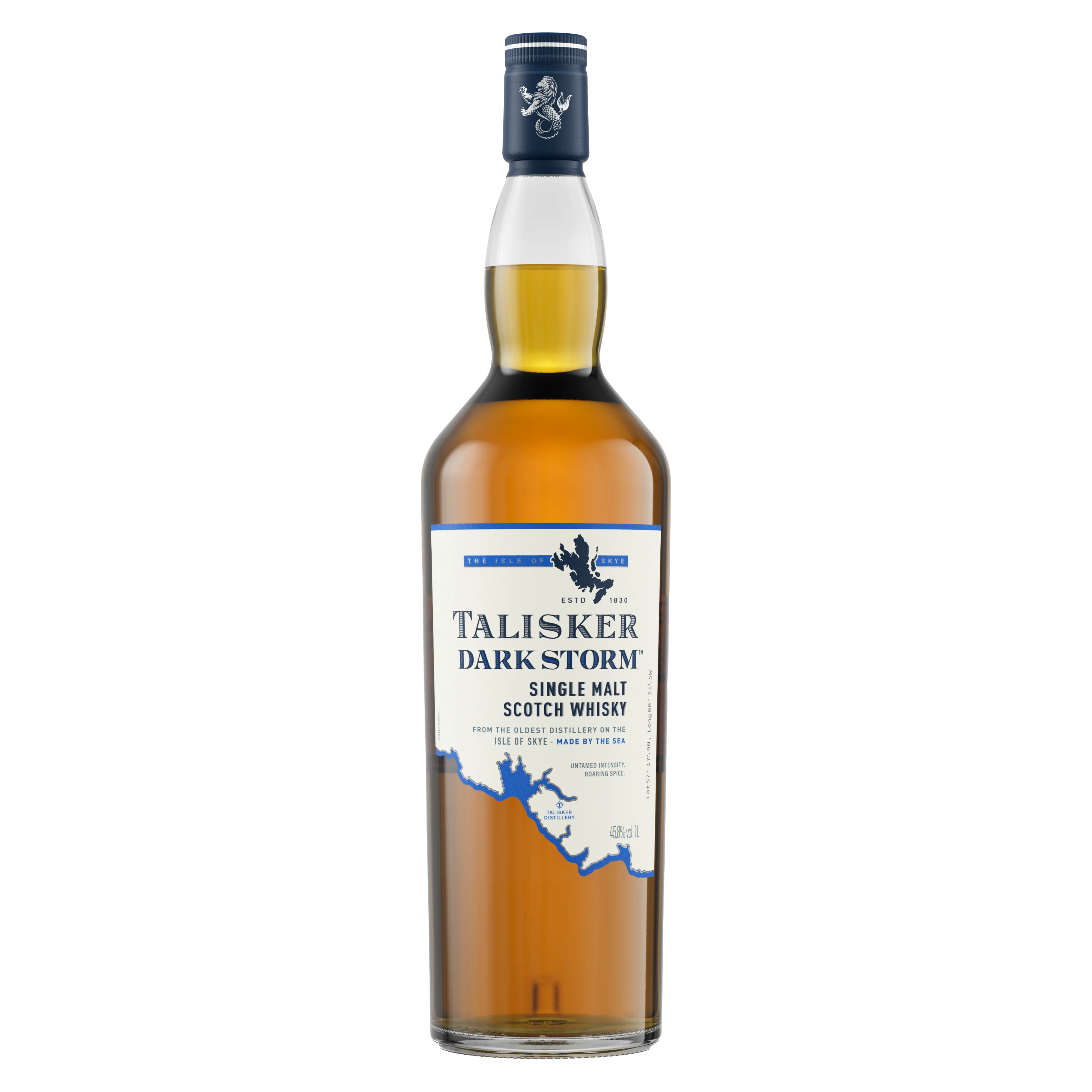 Die Vorderseite einer Flasche Talisker Dark Storm Single Malt Scotch Whisky