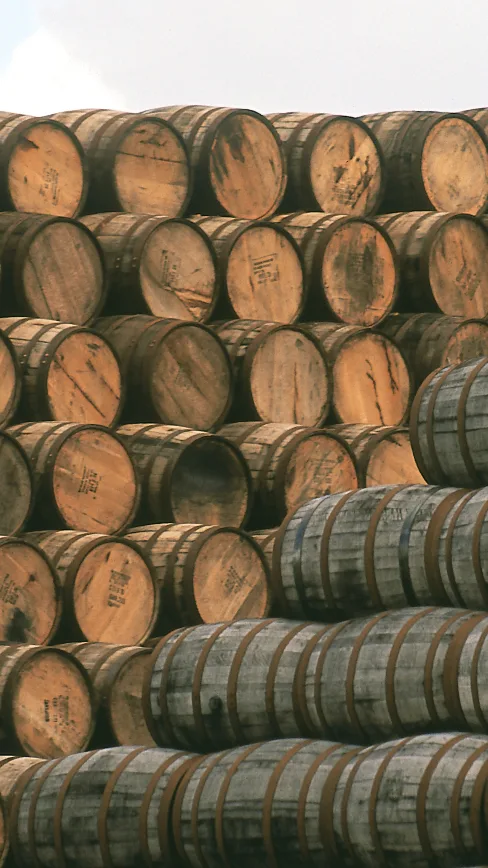 Close-up of whisky cask ends stacked in a warehouse at a Speyside distillery.