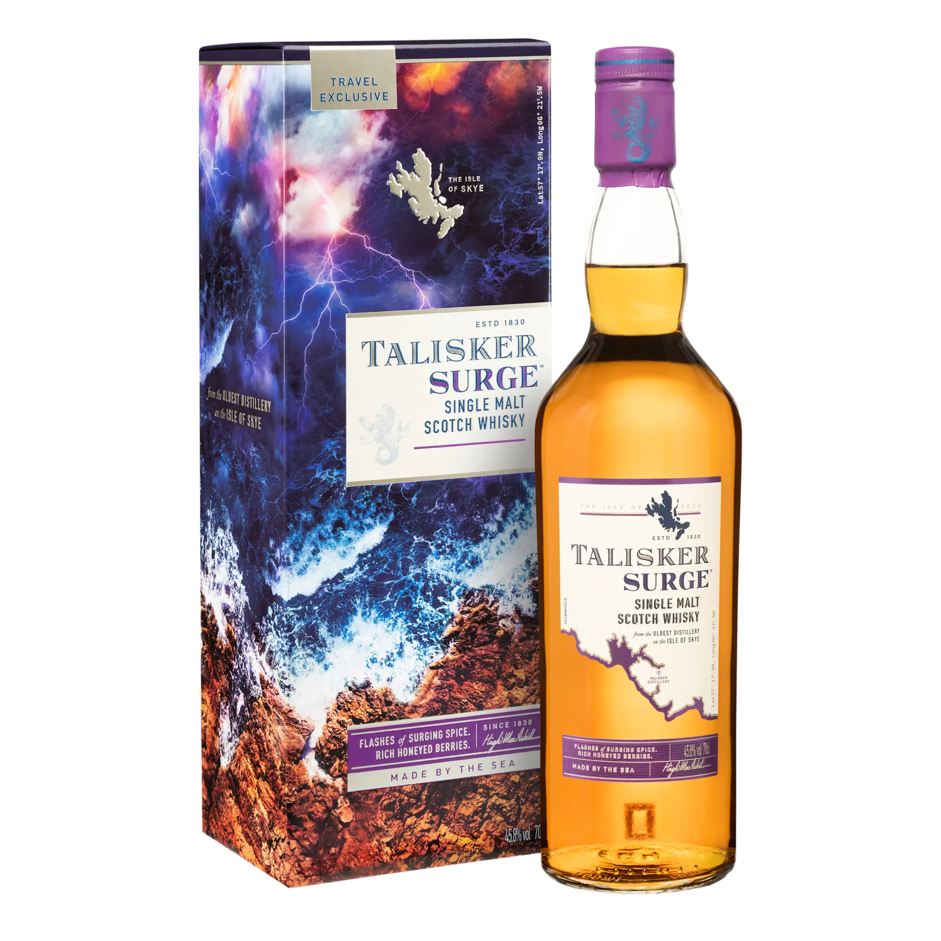 De voorkant van een fles Talisker Surge single malt Scotch whisky