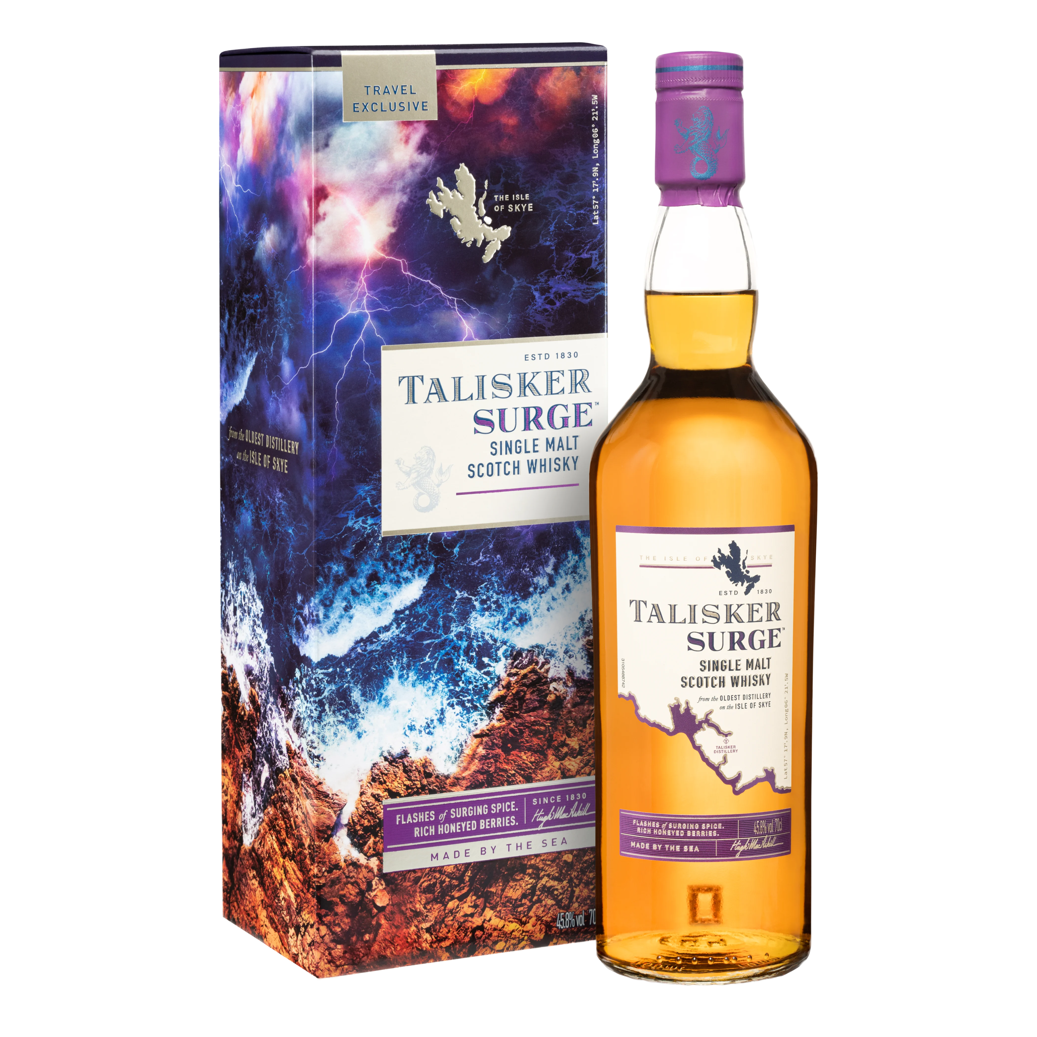 Die Vorderseite einer Flasche Talisker Surge Single Malt Scotch Whisky