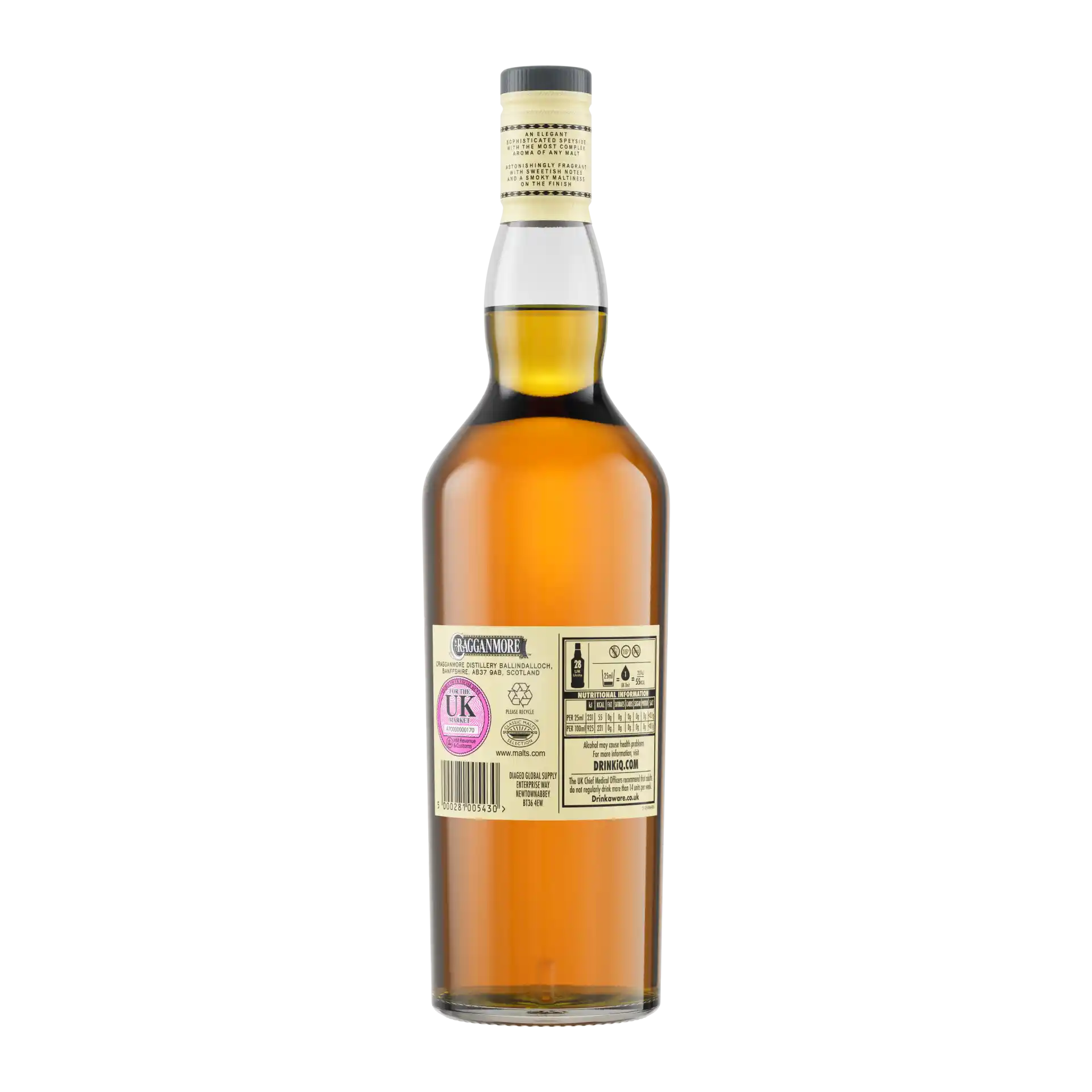 Cragganmore 12 Year Old Single Malt Scotch Whisky, 70cl - Back of Bottle