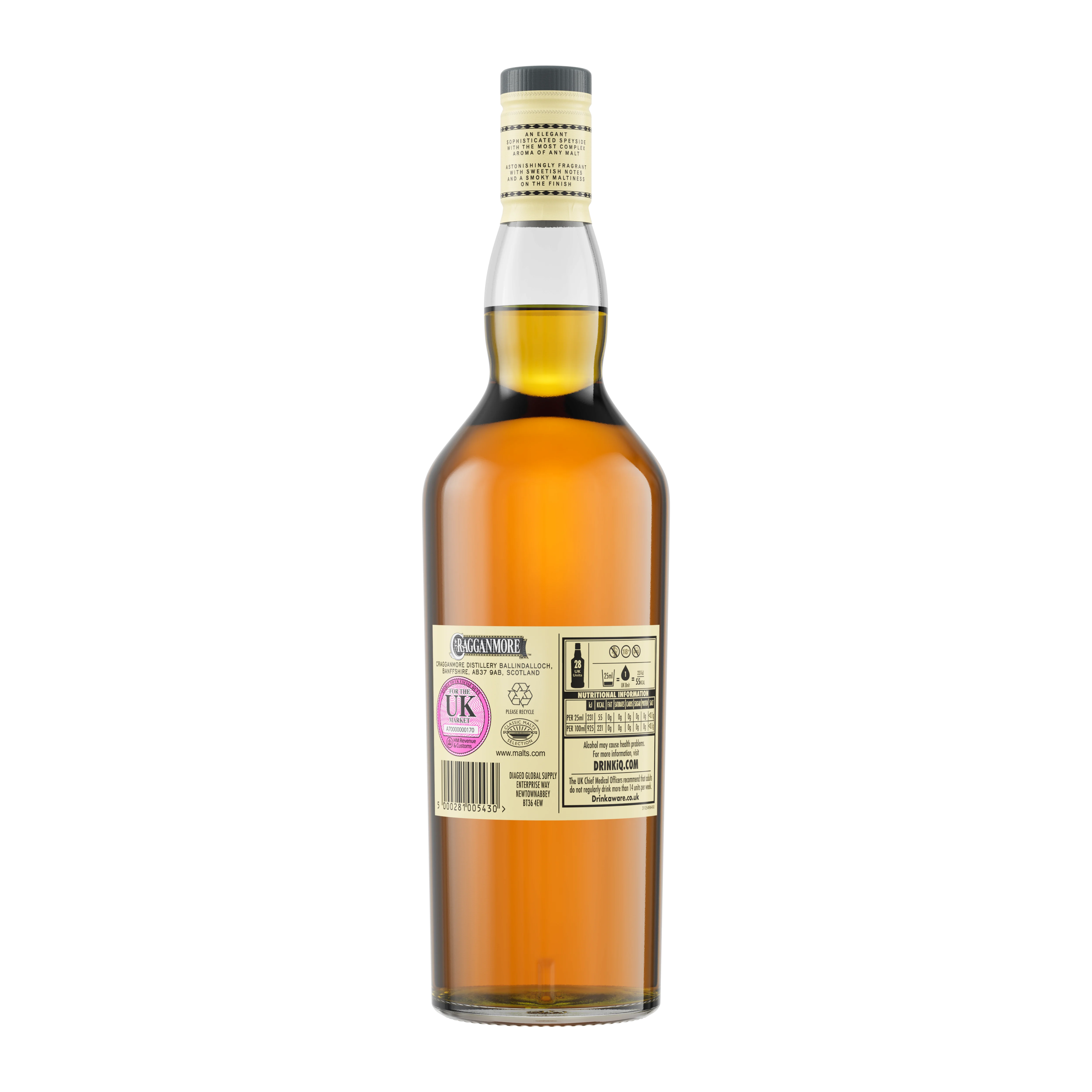 Cragganmore 12 Year Old Single Malt Scotch Whisky, 70cl - Back of Bottle