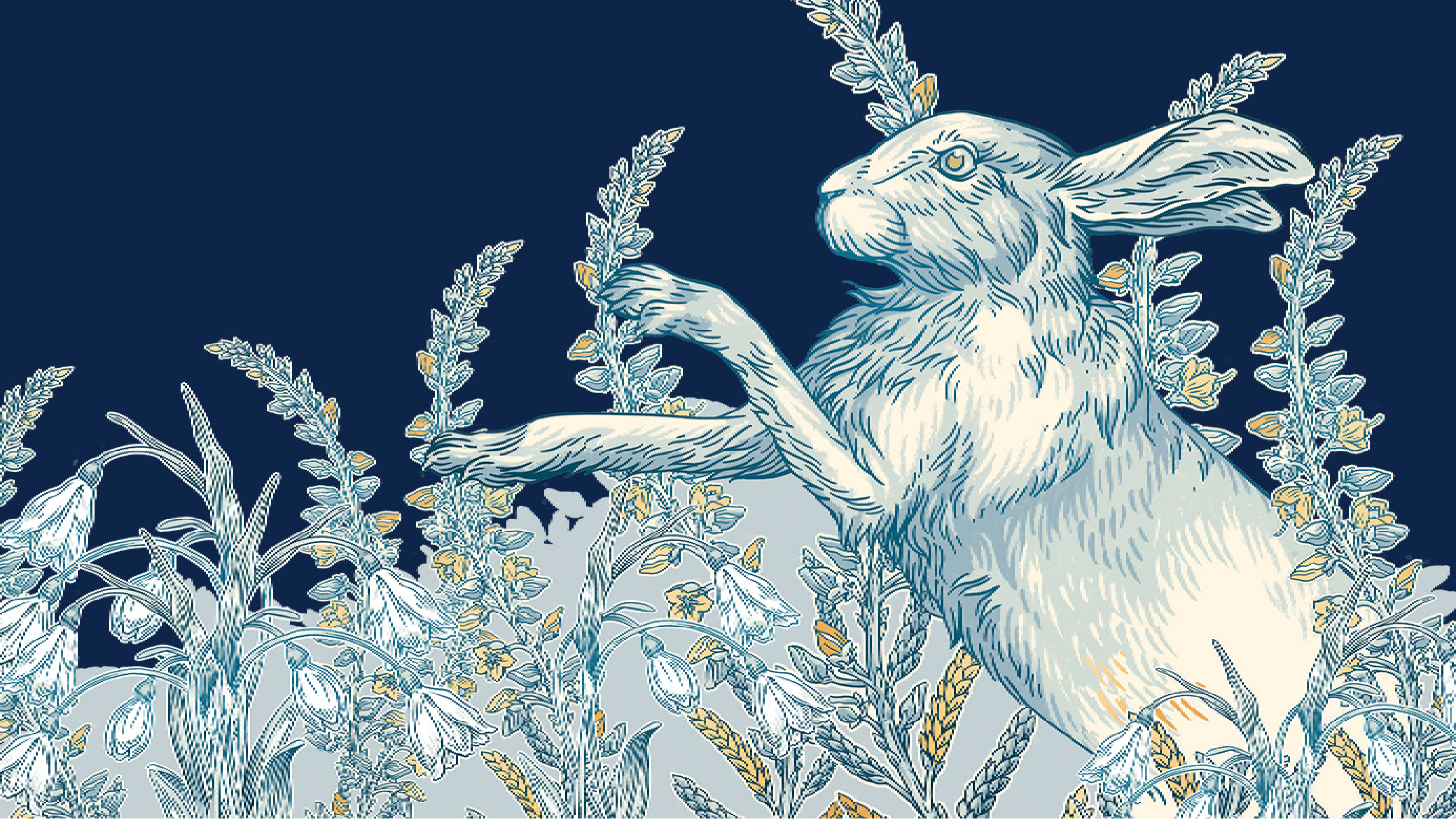 A Rabbit jumping through a flowery field.