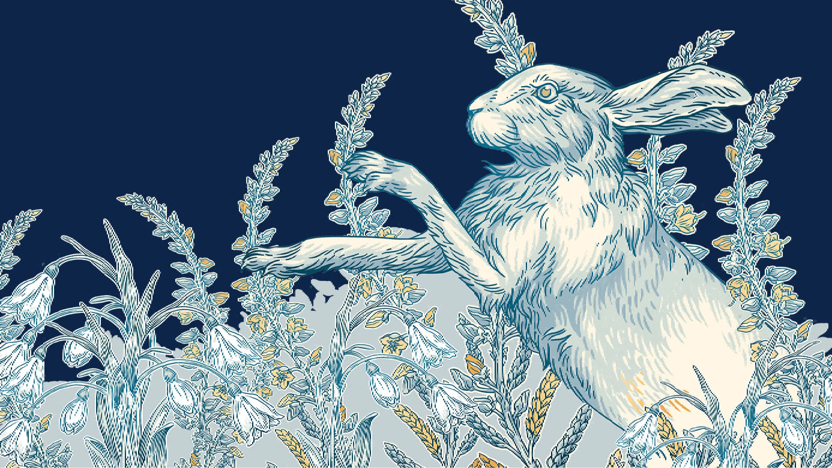 A Rabbit jumping through a flowery field.