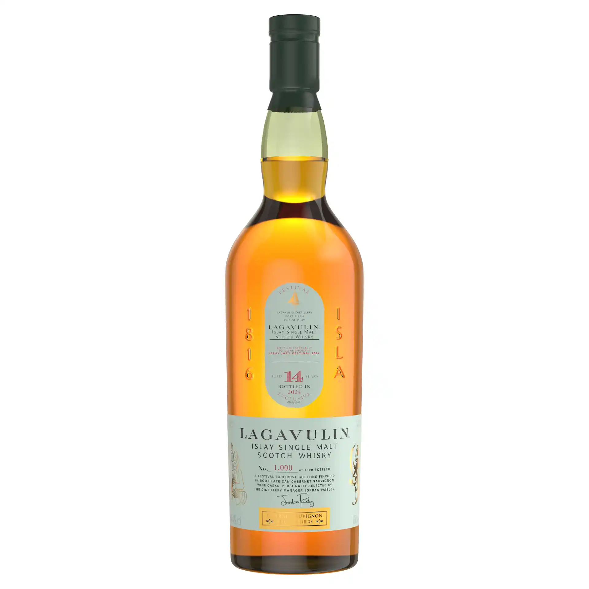 A bottle of Lagavulin 14-year-old Islay Single Malt Scotch Whisky, part of a limited release with only 1,500 bottles.