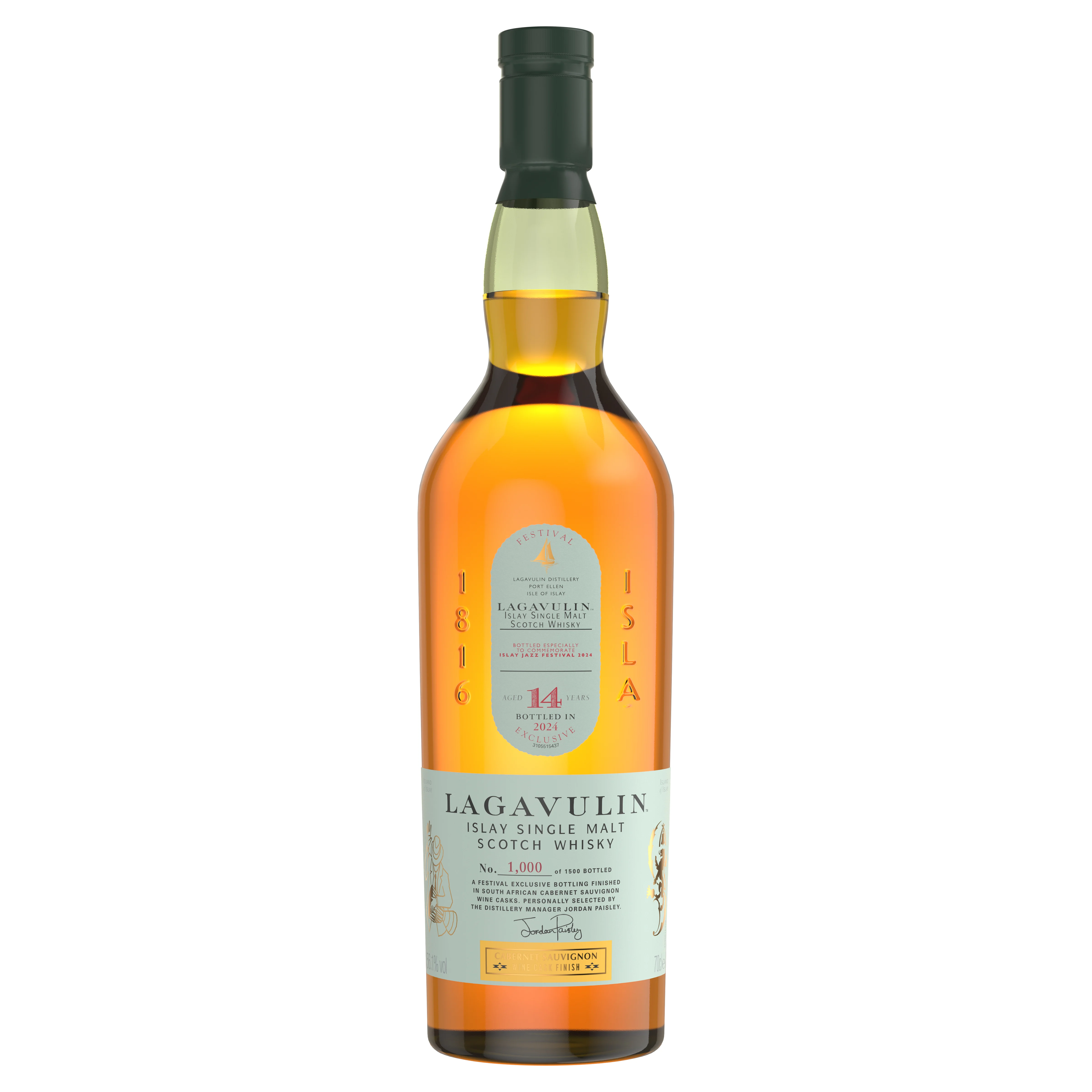 Eine Flasche Lagavulin 14 Jahre alter Islay Single Malt Scotch Whisky, Teil einer limitierten Auflage von nur 1.500 Flaschen.