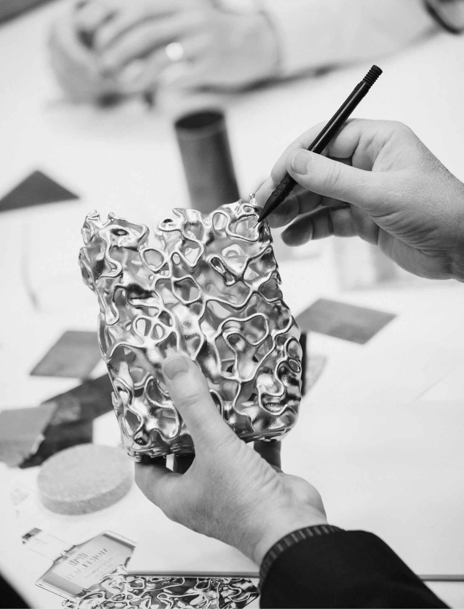 close up of the design process of the bottle housing